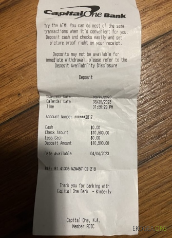 Reçu de paiement bancaire USA Capital One